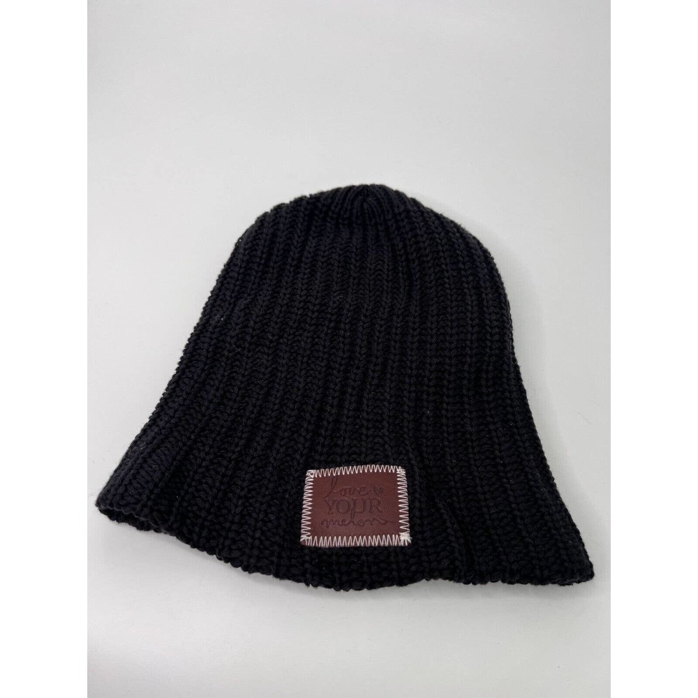 Love Your Melon Black Beanie With Black Leather Patch OSFA Unisex Made in USA